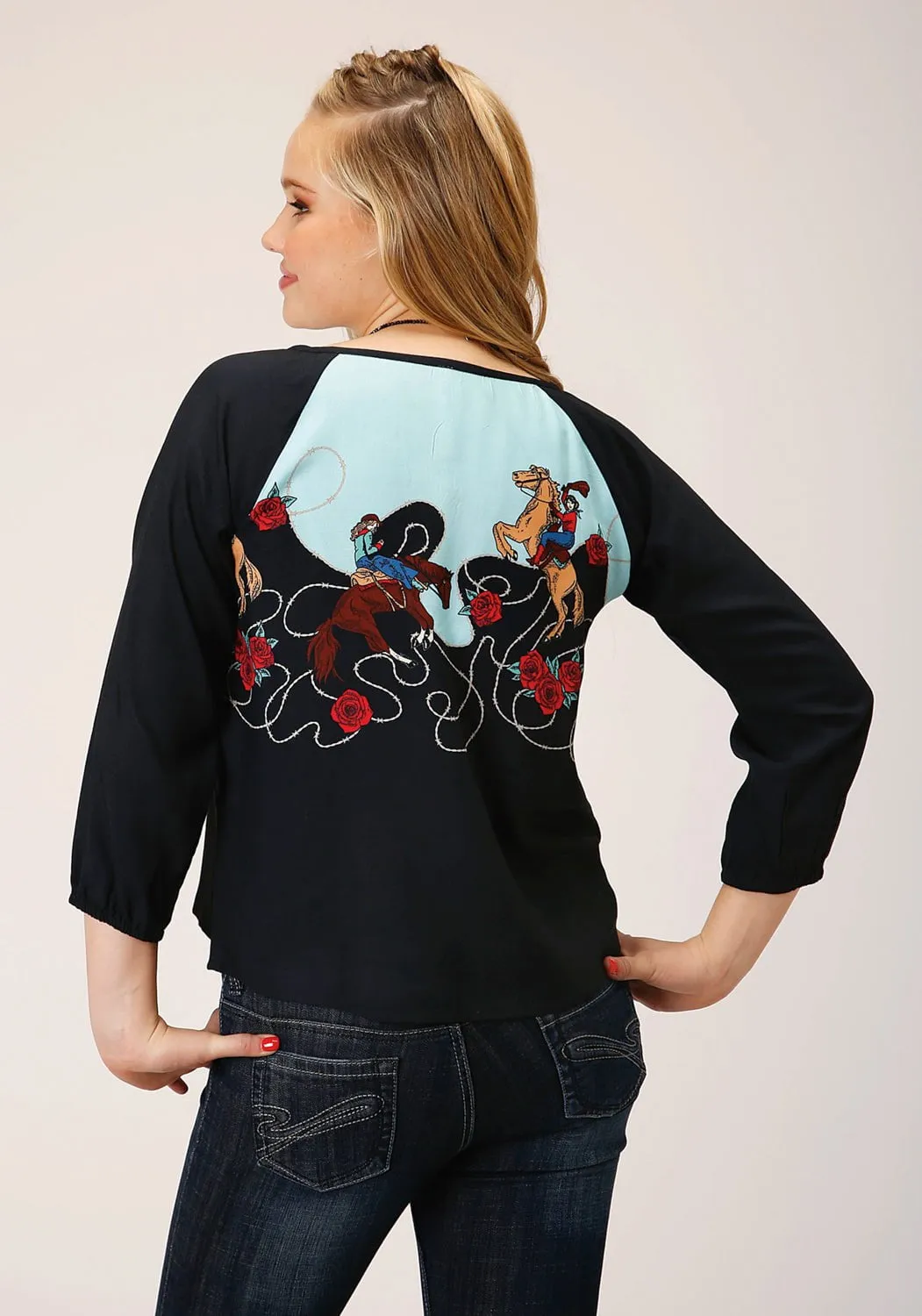 Preppy Vibe Roper Womens Cowgirl Border Black 100% Rayon L/S Blouse