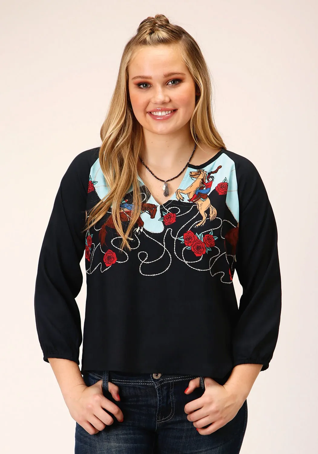 Roper Womens Cowgirl Border Black 100% Rayon L/S Blouse Work From Home