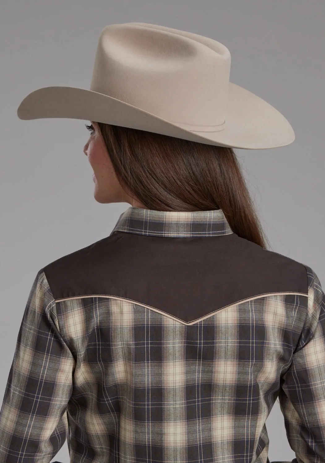 Polo Style Easy Fit Roper Womens 2108 Plaid Grey/Tan Cotton Blend L/S Shirt