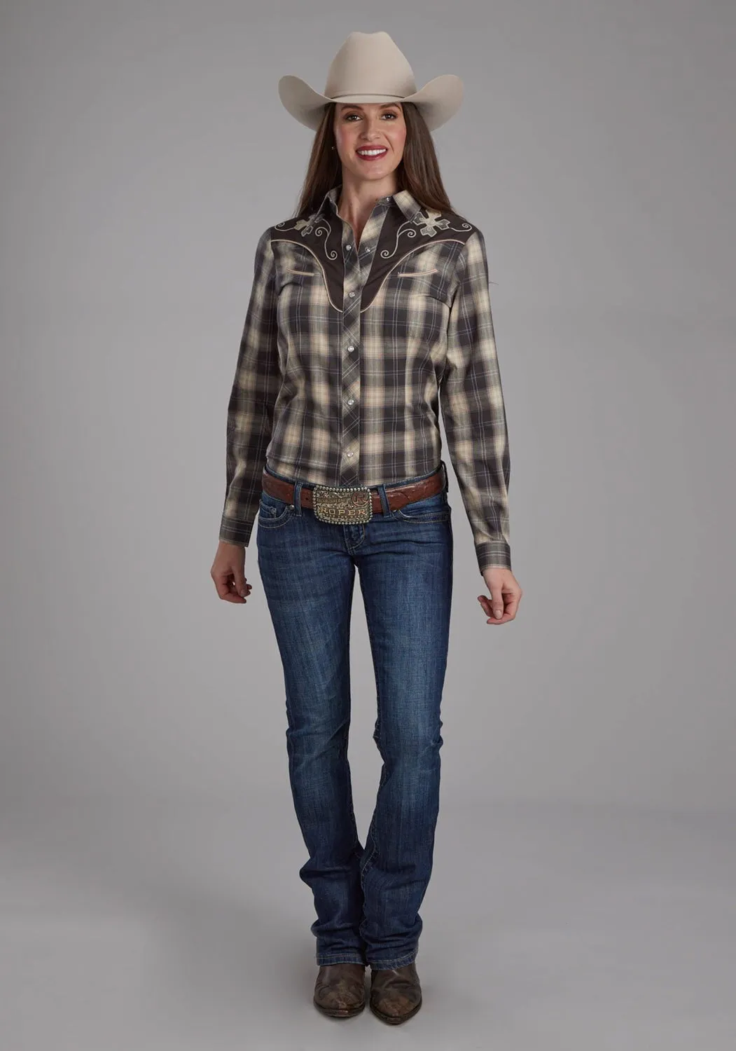 Roper Womens 2108 Plaid Grey/Tan Cotton Blend L/S Shirt Wrinkle-Resistant Camouflage Print