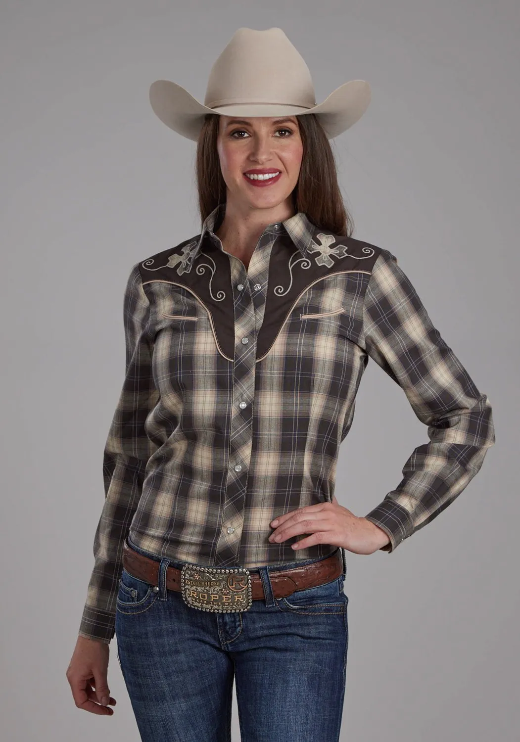 Refined Aesthetic Roper Womens 2108 Plaid Grey/Tan Cotton Blend L/S Shirt