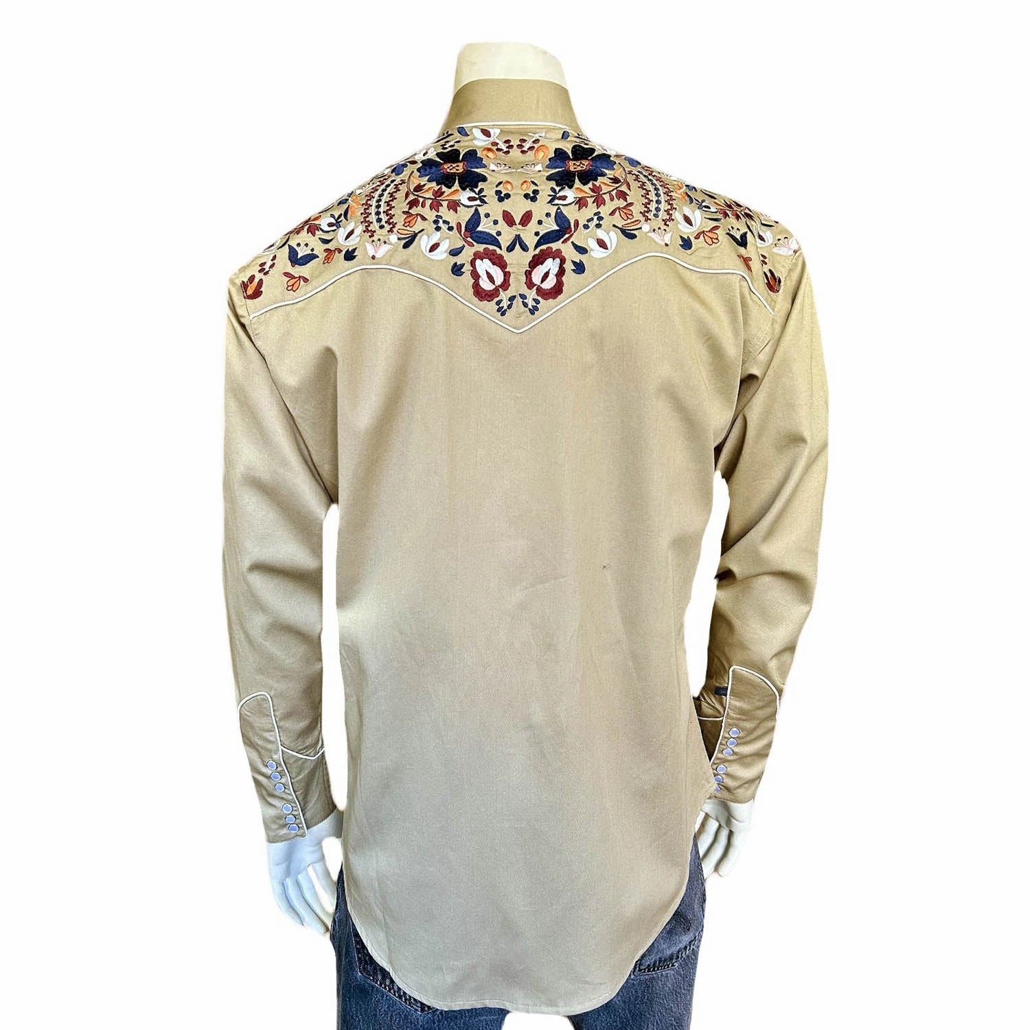 No Chafe Edging Rockmount Mens Floral Embroidered Western Khaki 100% Cotton L/S Shirt