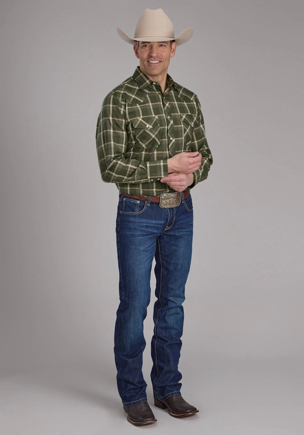 checkered pattern Roper Mens 2127 Plaid Olive/Orange Cotton Blend L/S Shirt