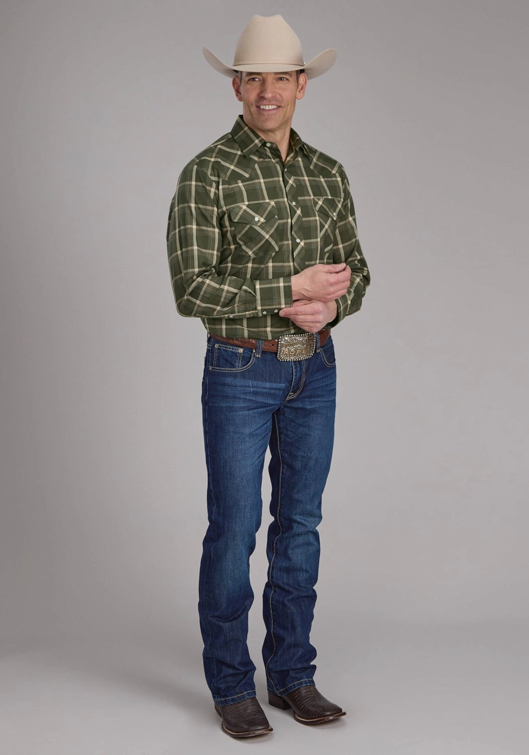 Versatile Wear Roper Mens 2127 Plaid Olive/Orange Cotton Blend L/S Shirt