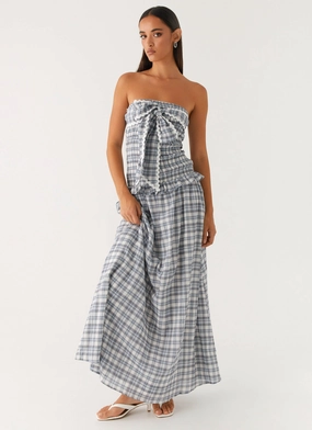 Fashionable Layering Malia Shirred Maxi Dress - Blue Grey Check Silk-Blend Malia Shirred Maxi Dress - Blue Grey Check