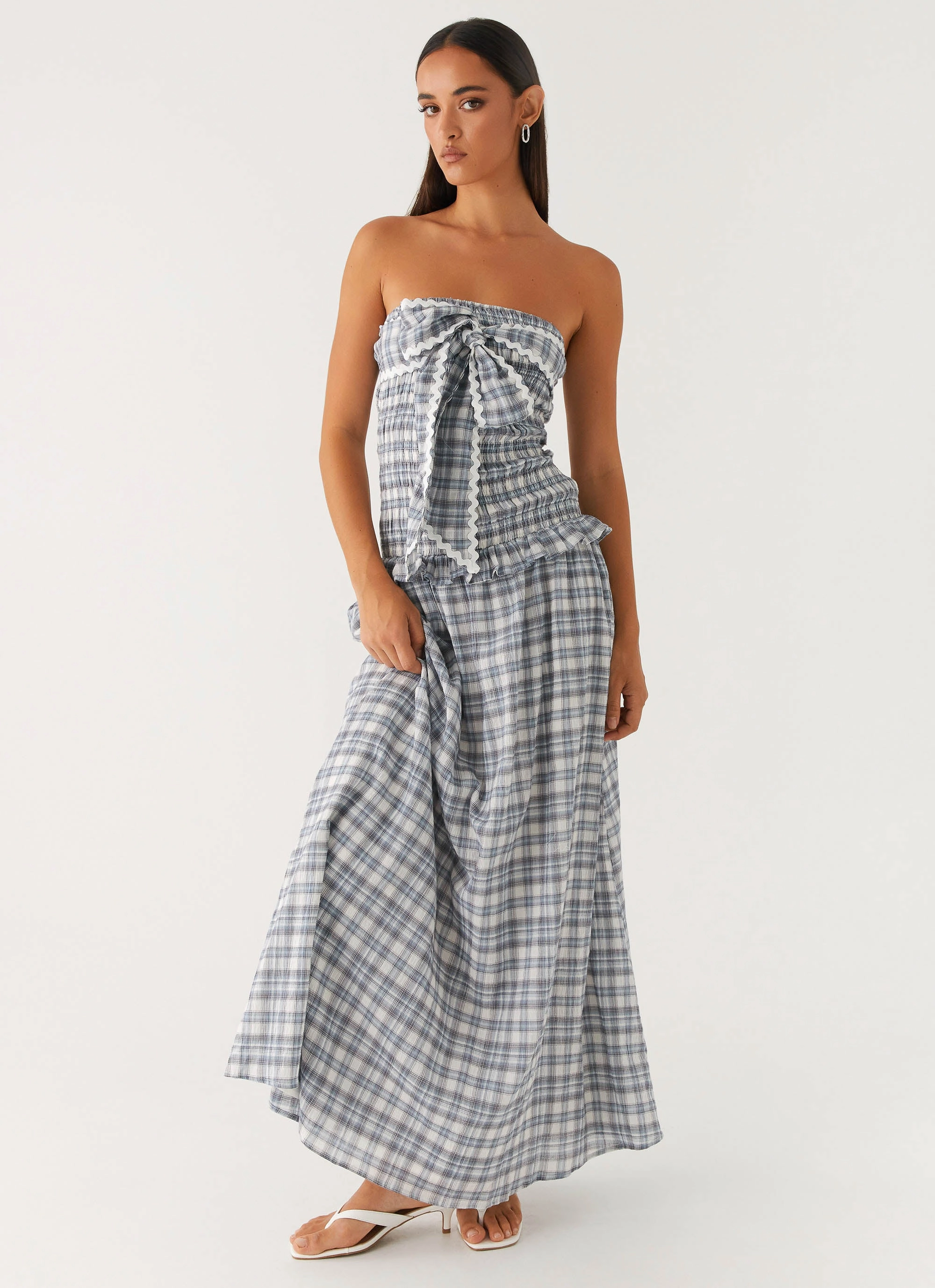 Silk-Blend Malia Shirred Maxi Dress - Blue Grey Check