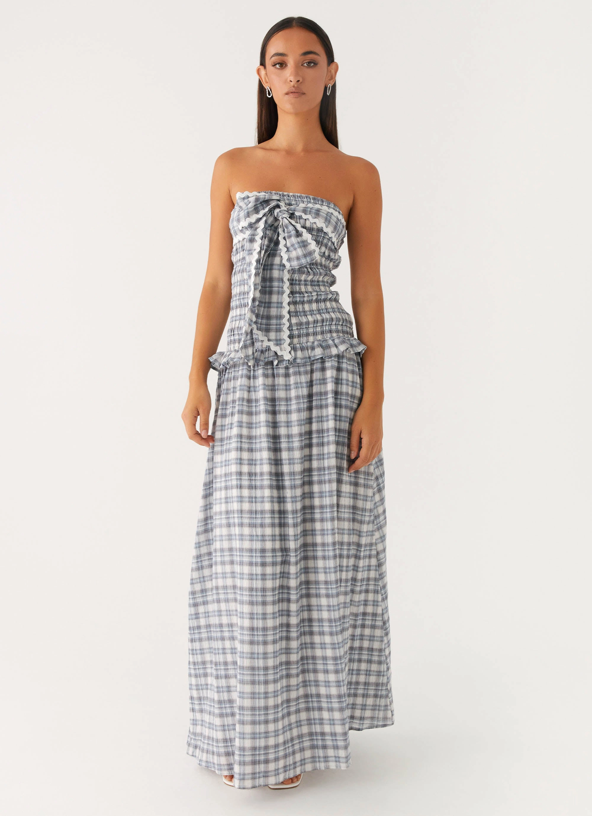 Balanced Light Malia Shirred Maxi Dress - Blue Grey Check