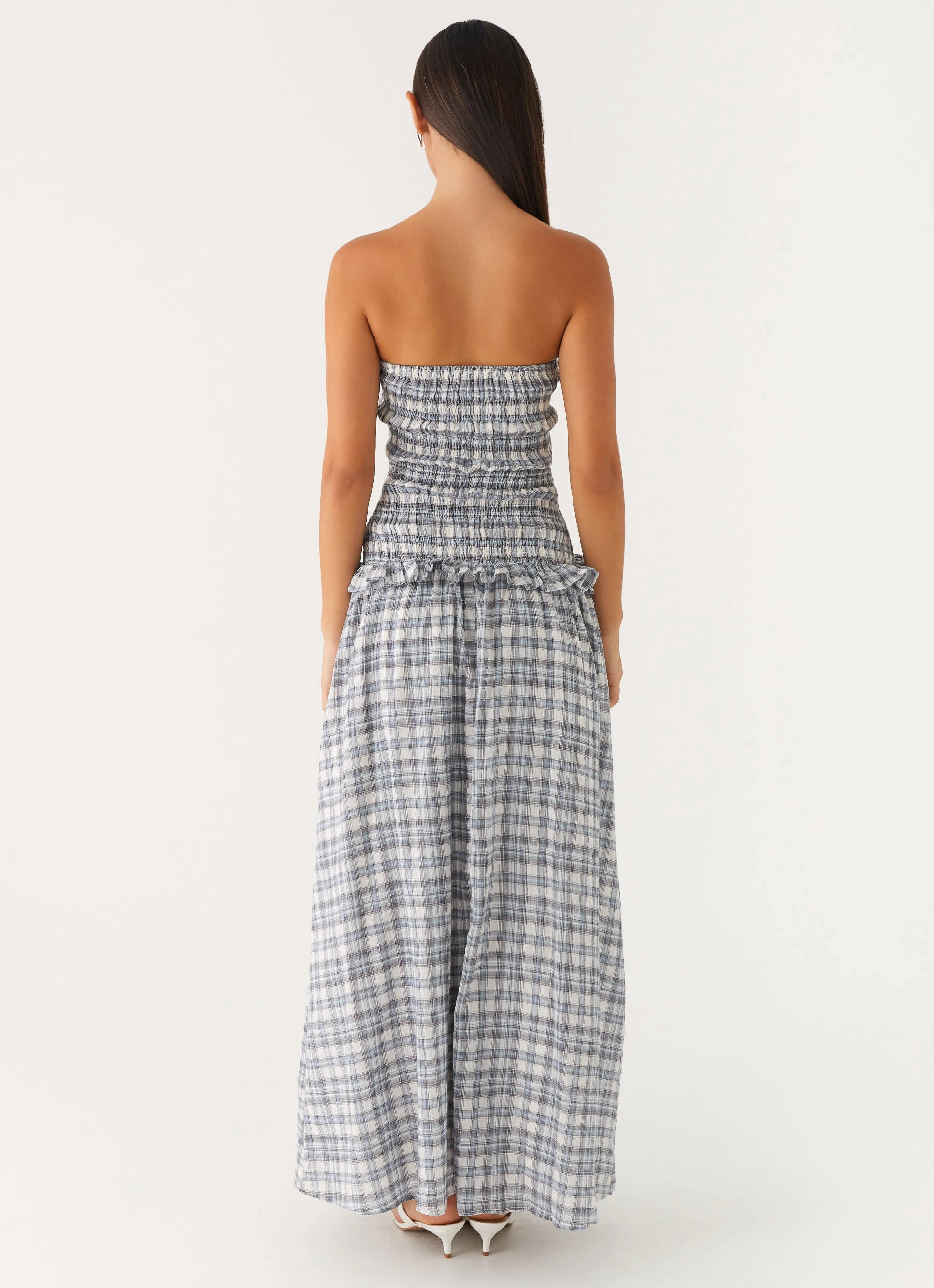 Malia Shirred Maxi Dress - Blue Grey Check Clean Fit