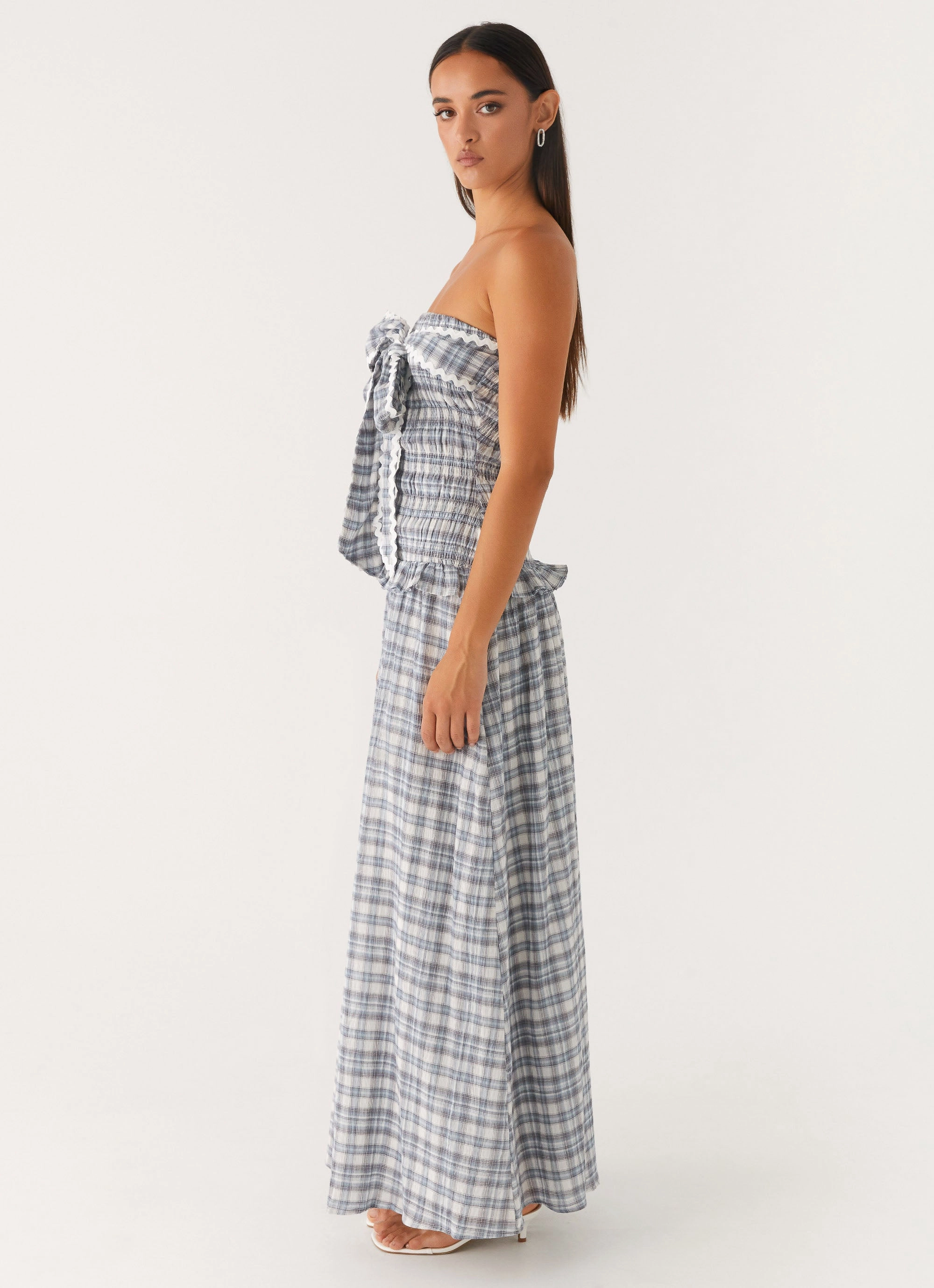 Malia Shirred Maxi Dress - Blue Grey Check Scandi Light Tailored Style