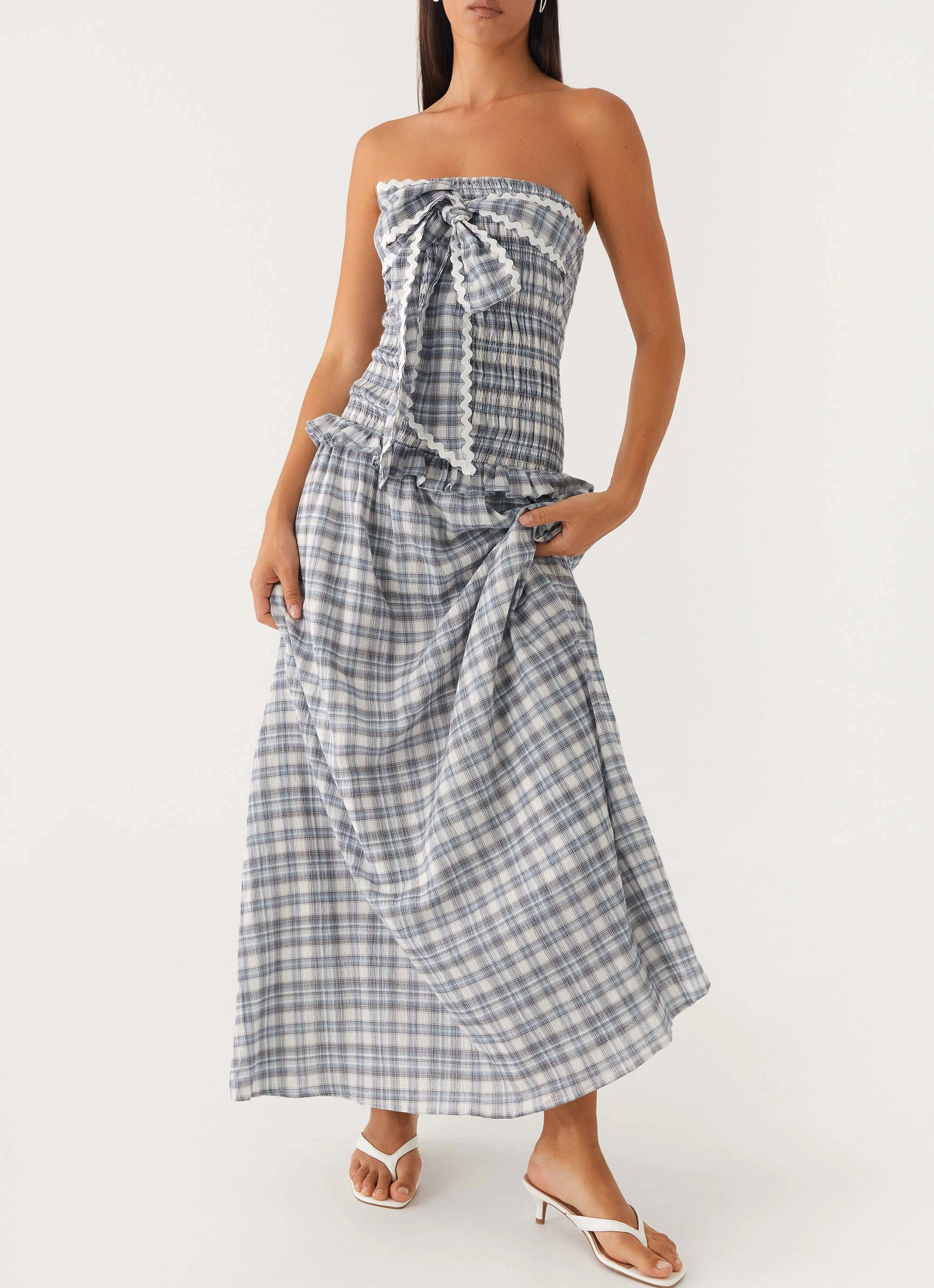 Malia Shirred Maxi Dress - Blue Grey Check Fashionable outfit for outings Travel Light