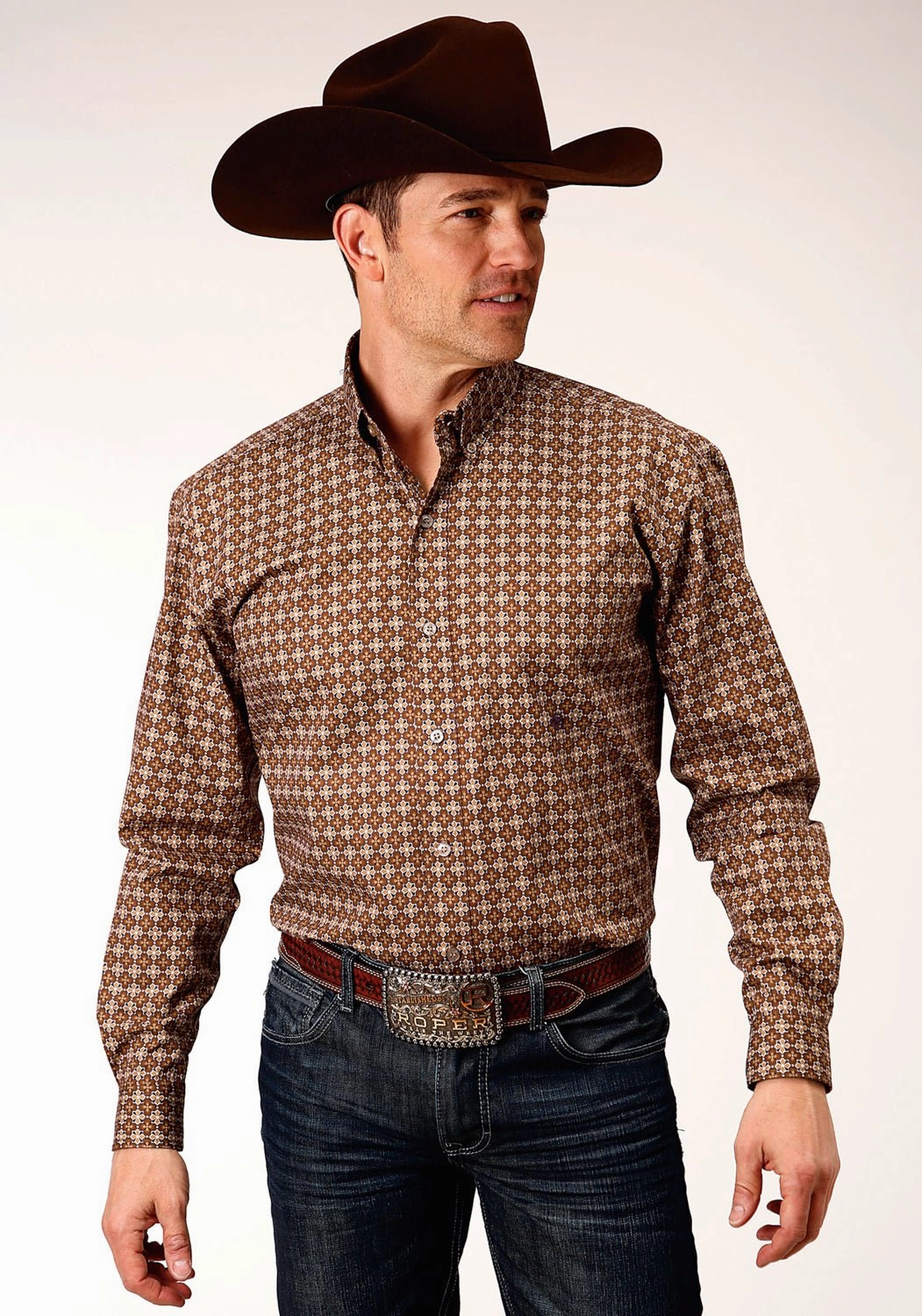 Roper Mens Brown 100% Cotton Cinnamon Foulard BD L/S 1 Pkt Shirt Plus Size Fit