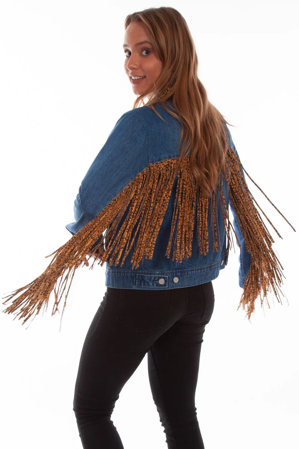 Scully Womens Denim Cotton Blend Leopard Fringe Jacket Everyday Look