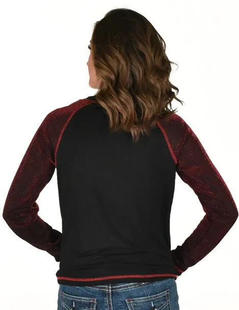 Weekend Uniform Artist Vibe Travel Outfit Cowgirl Tuff Womens Never Give Up Shimmer Dark Red Nylon L/S T-Shirt