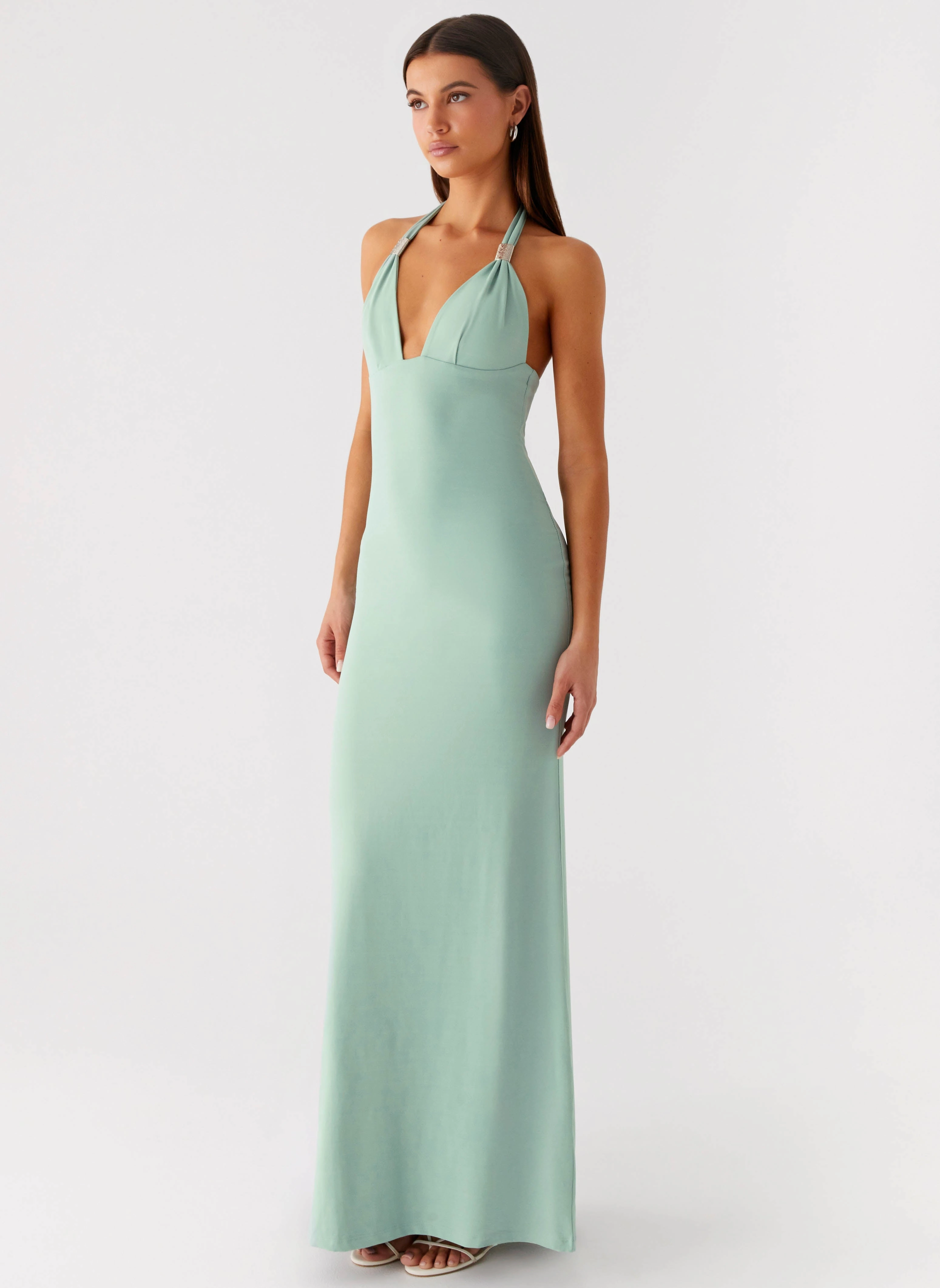 Cinched-Waist Office Glam Fern Valley Maxi Dress - Sage