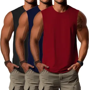Ficerd 3 Pack Men's Big Tall Tank Tops, Cotton Moisture Wicking Muscle Shirts Sleeveless Solid Color Basic Tee Shirts