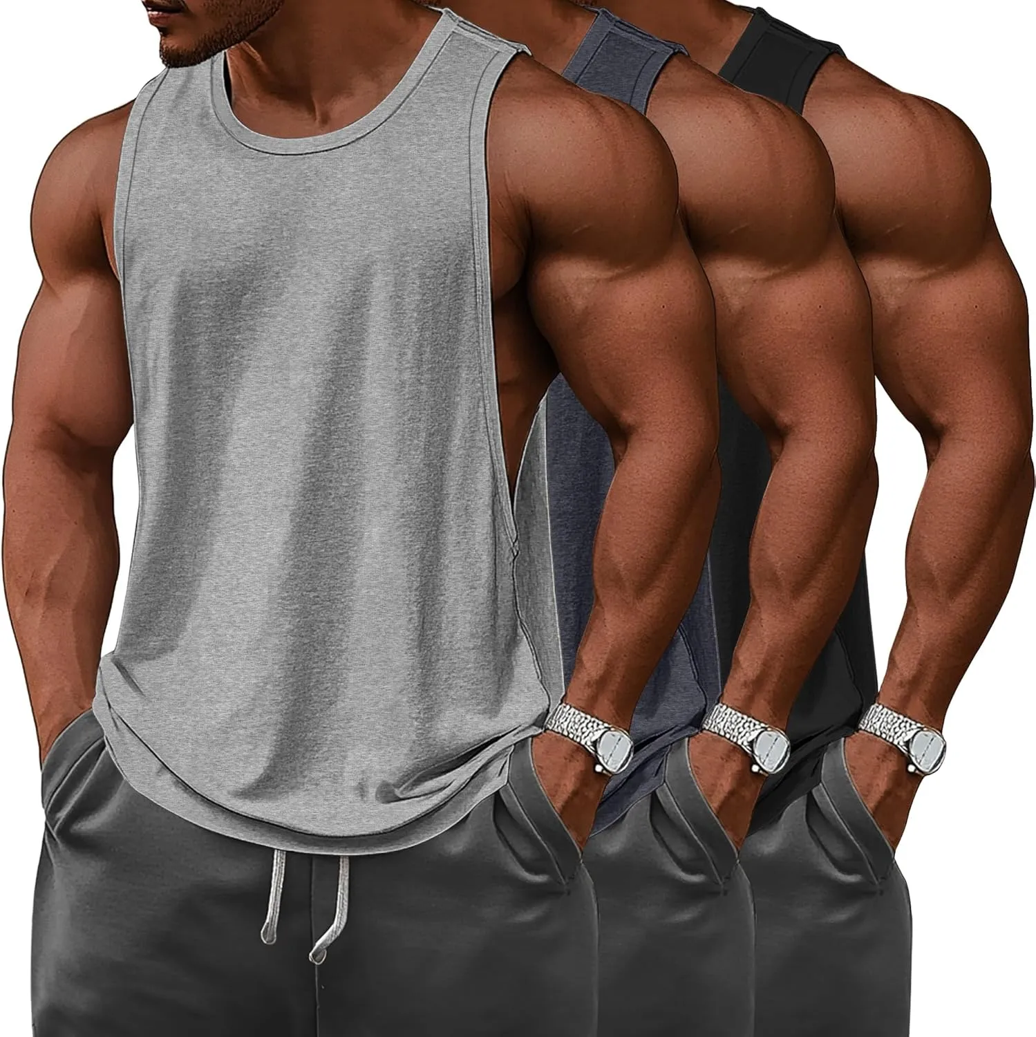 Ficerd 3 Pcs Big and Tall Men's Workout Tank Top Cotton Sleeveless Muscle Tee Gym Athletic Bodybuilding Cut Off Shirt
