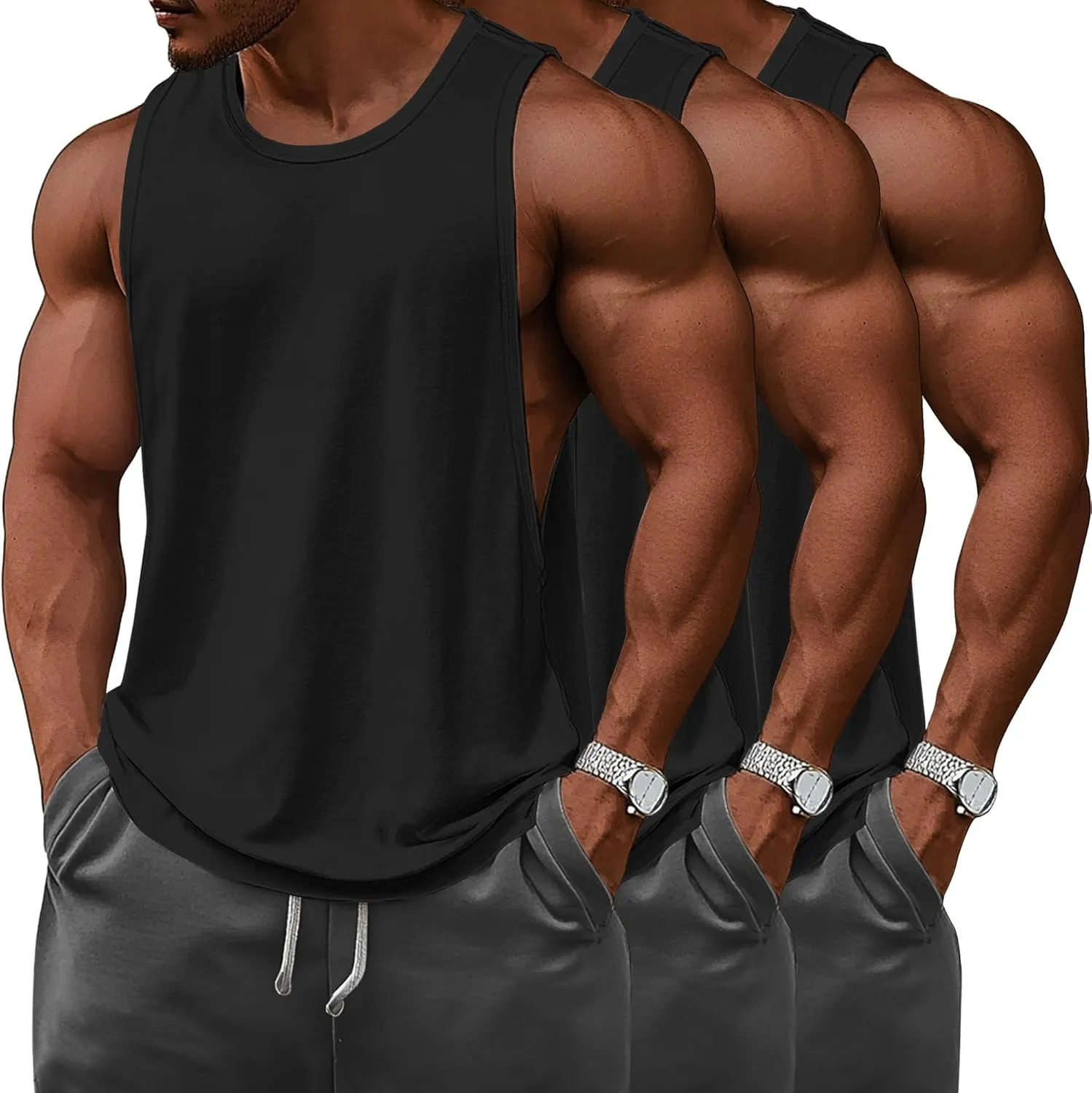 Ficerd 3 Pcs Big and Tall Men's Workout Tank Top Cotton Sleeveless Muscle Tee Gym Athletic Bodybuilding Cut Off Shirt