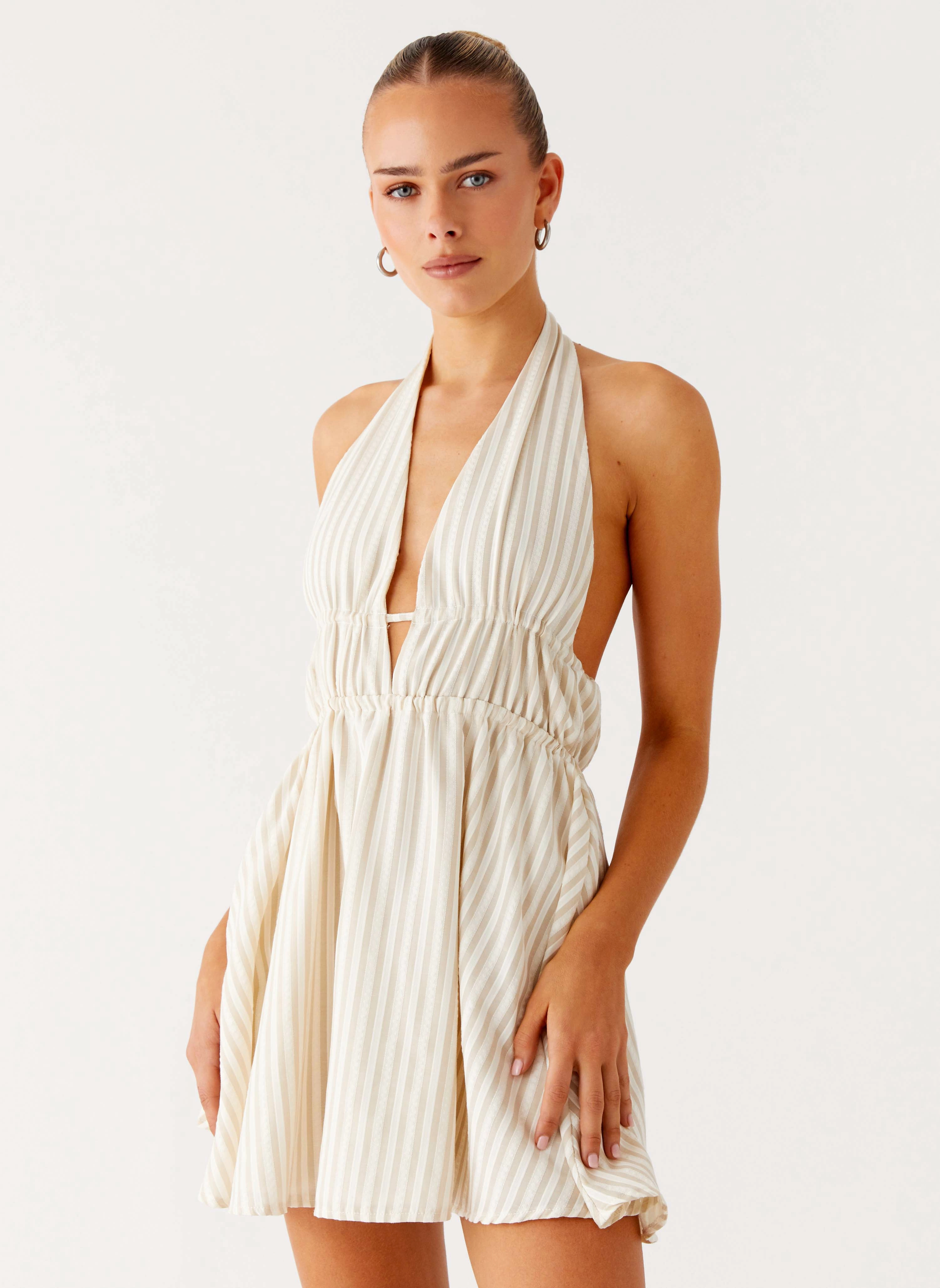 Cool Palette Figaro Halter Mini Dress - Taupe Stripe
