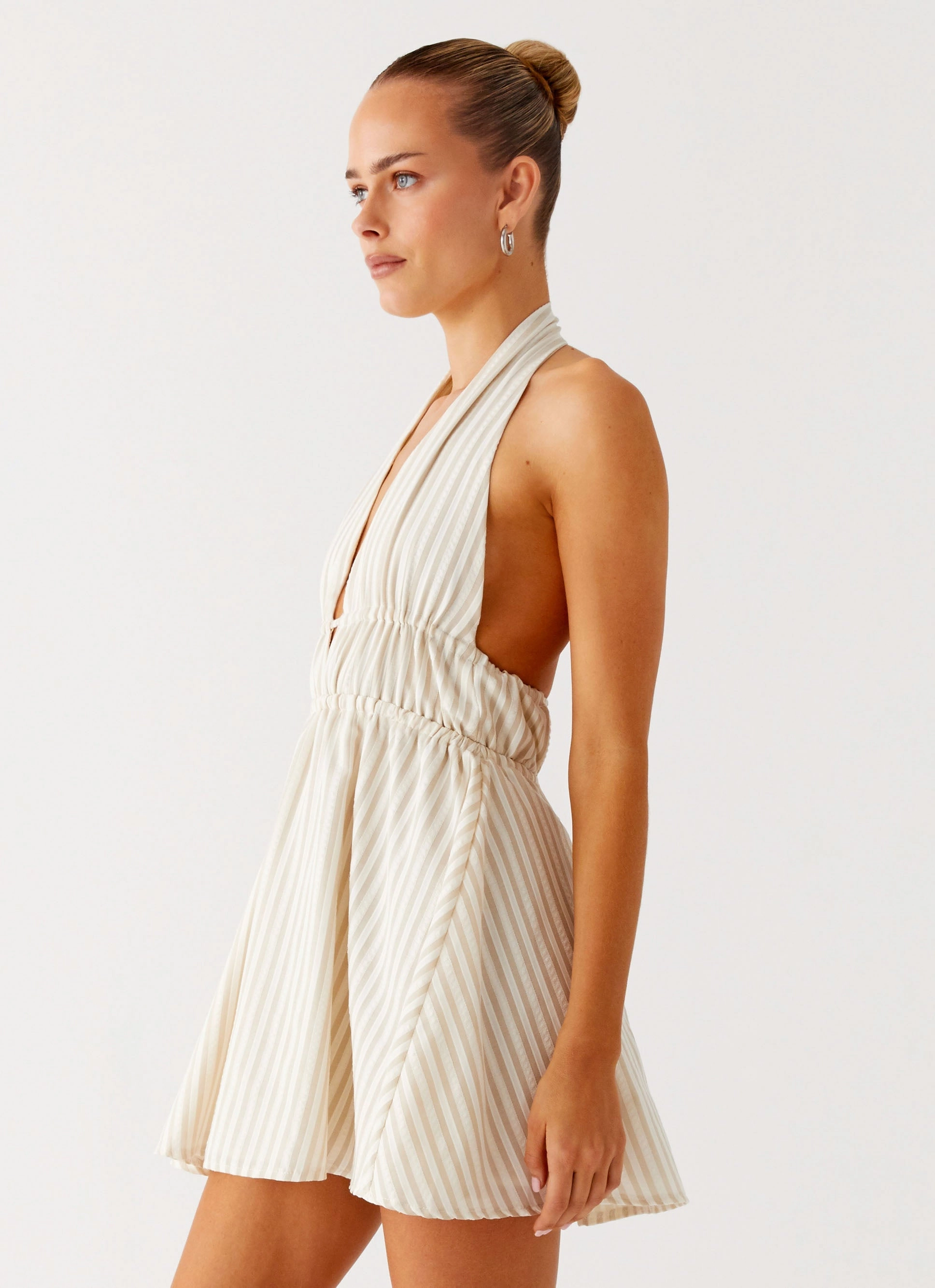 Balloon-Sleeve Figaro Halter Mini Dress - Taupe Stripe