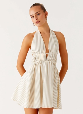 Figaro Halter Mini Dress - Taupe Stripe Classic Layer Elegant Motion Figaro Halter Mini Dress - Taupe Stripe