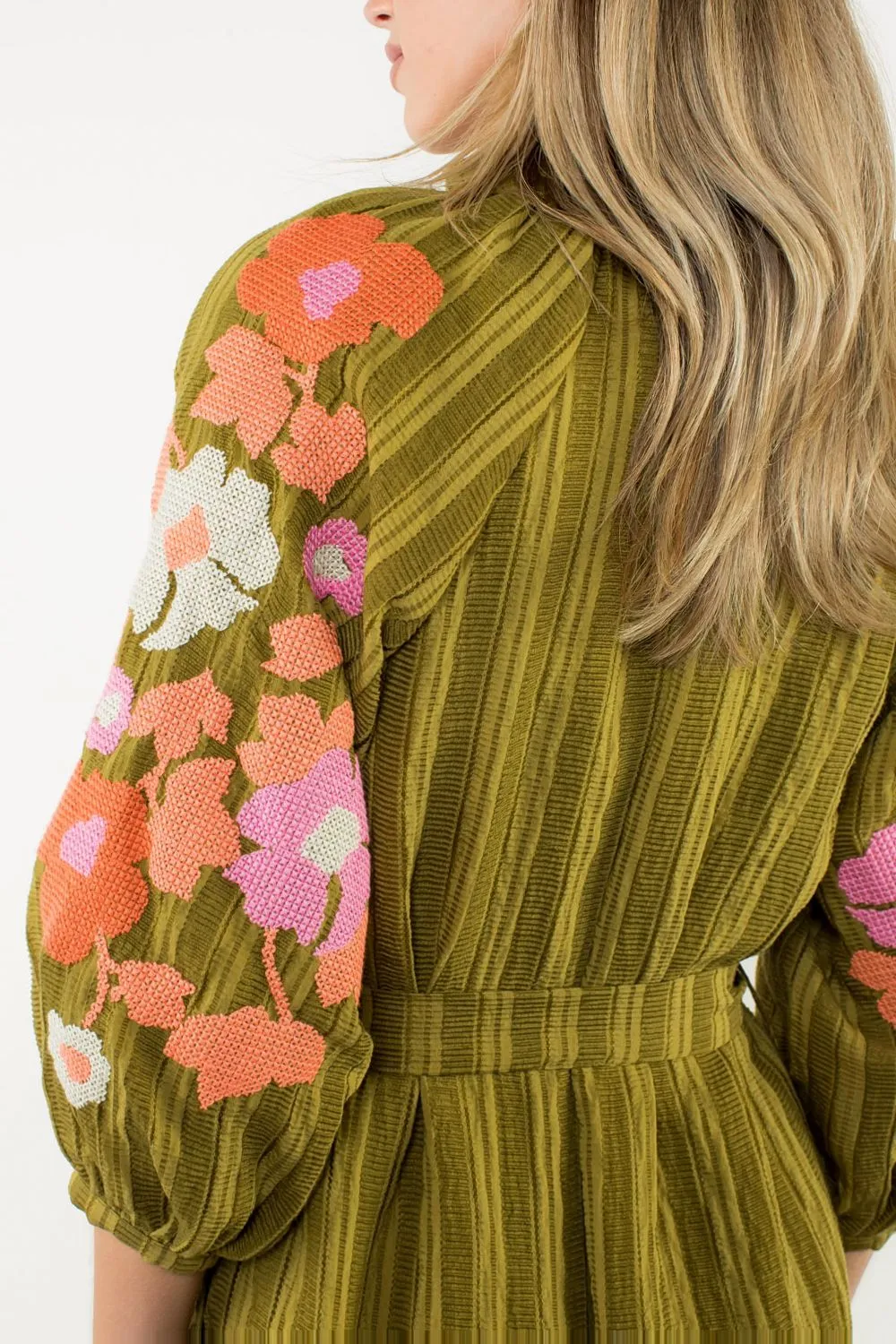 Embroidered Puff Sleeve Maxi Dress in Green PlushLining