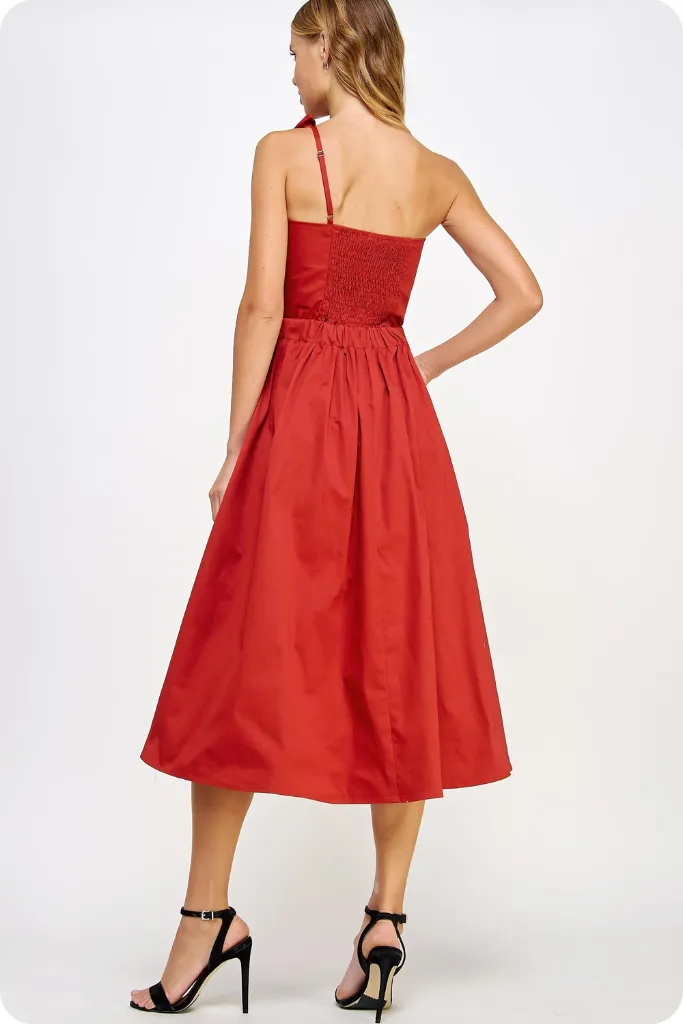 Versatile Design Bold-Color Chloe Bow Front Midi Dress in Brick