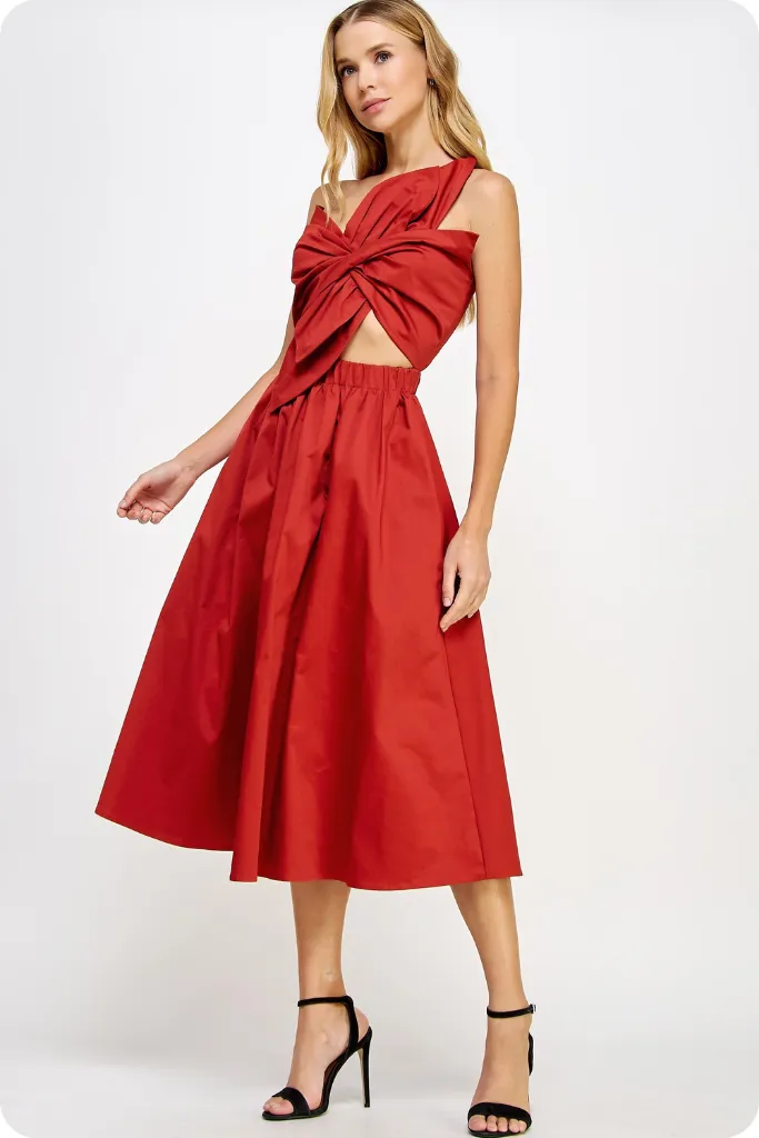 Chloe Bow Front Midi Dress in Brick Travel-Essential Coffee Break