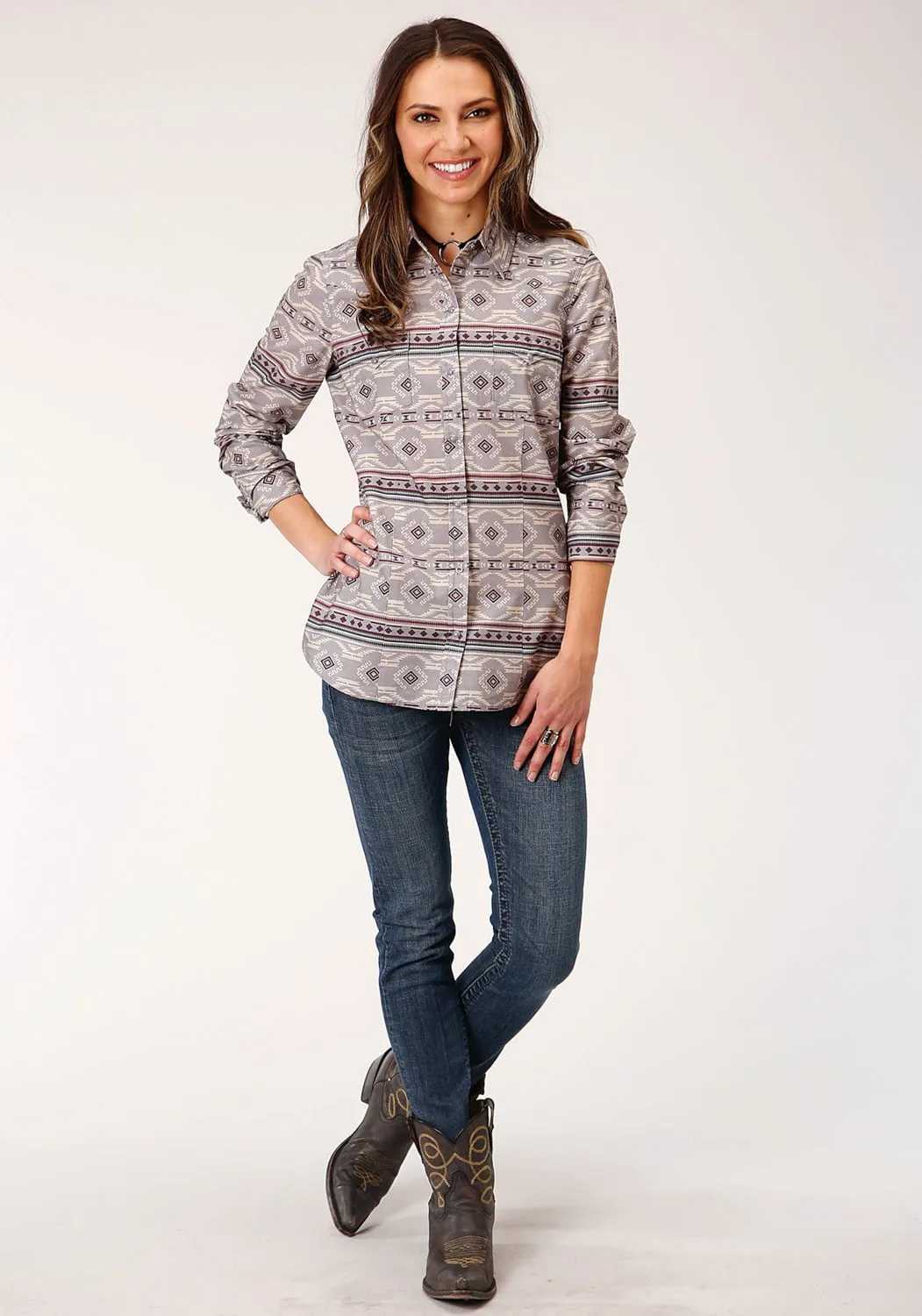 Chic Silhouette Roper Womens Grey 100% Cotton Blanket Aztec L/S Shirt
