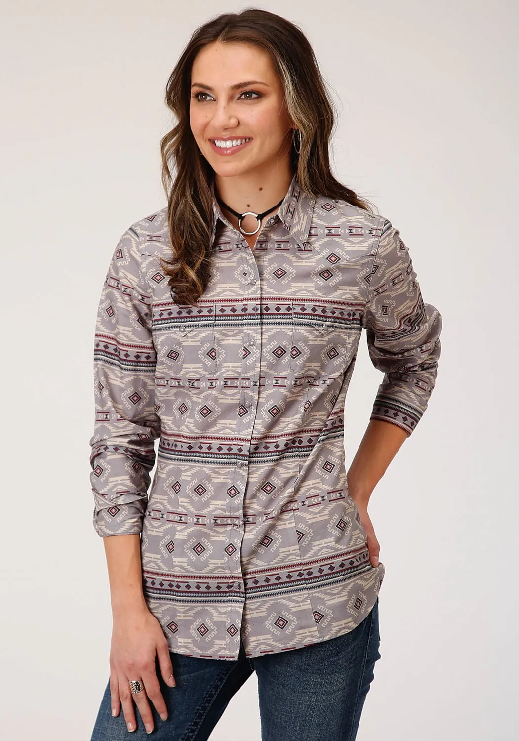 Tear Resistant Denim Suitable Fit Roper Womens Grey 100% Cotton Blanket Aztec L/S Shirt