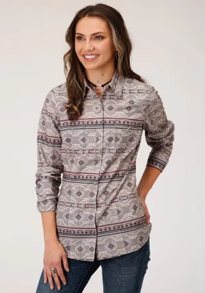 Fit Factor Roper Womens Grey 100% Cotton Blanket Aztec L/S Shirt Roper Womens Grey 100% Cotton Blanket Aztec L/S Shirt Classic Cut Urban Explorer Evening Stroll Casual Friday