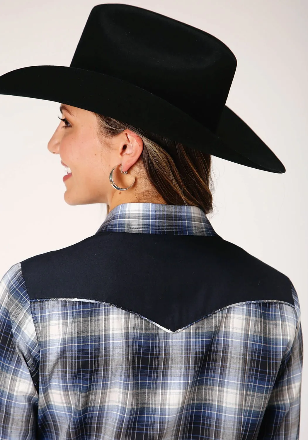 Roper Womens Navy/White Cotton Blend 55/45 Plaid L/S Retro Shirt Stylish Daily Wear Parent Style Beach Day Modern