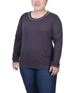 Fit For Style Plus Size Long Sleeve Ribbed Pearl Trimmed Top Quilted-Lining Day Glow Plus Size Long Sleeve Ribbed Pearl Trimmed Top