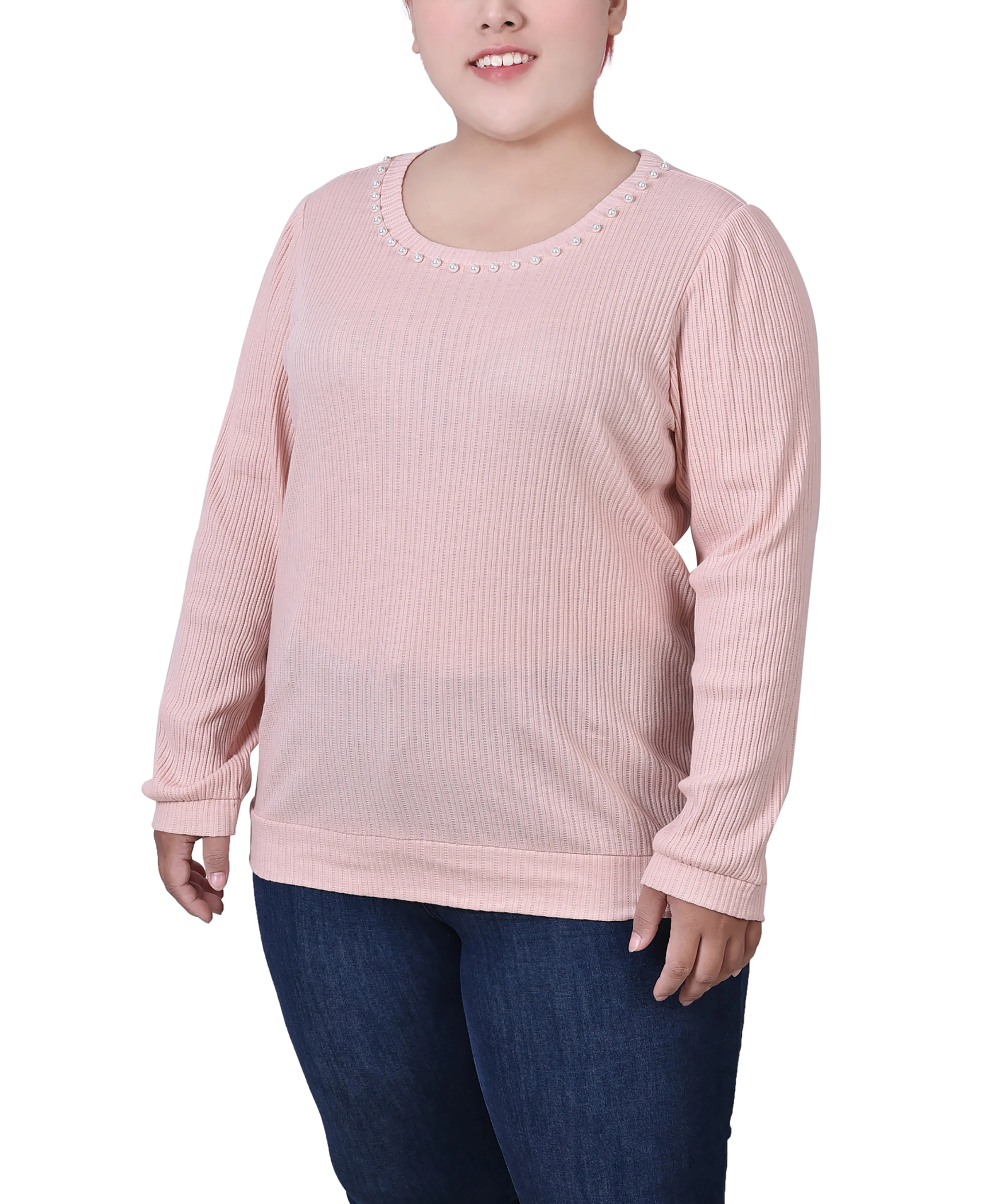 Sleek Texture Active Outfit Plus Size Long Sleeve Ribbed Pearl Trimmed Top