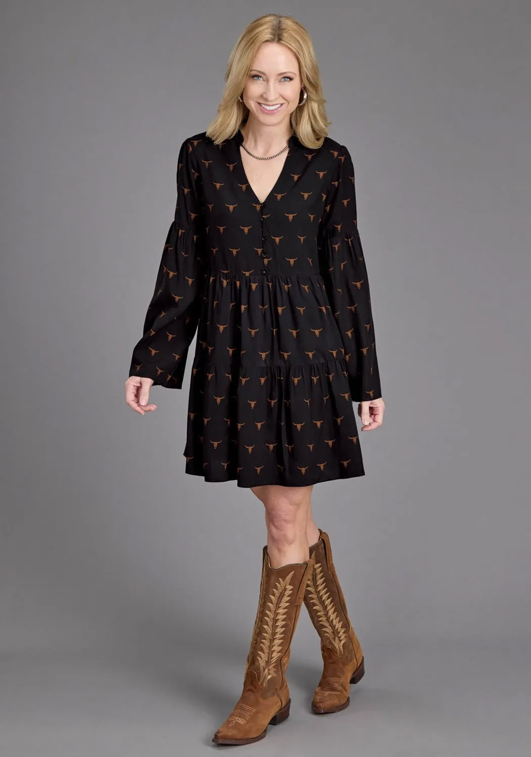 Casual Days Stetson Womens Longhorn Mojave Print Black 100% Rayon L/S Dress