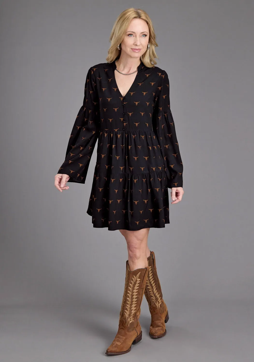 Stetson Womens Longhorn Mojave Print Black 100% Rayon L/S Dress Cool Outfitters Lightweight Morning Stroll