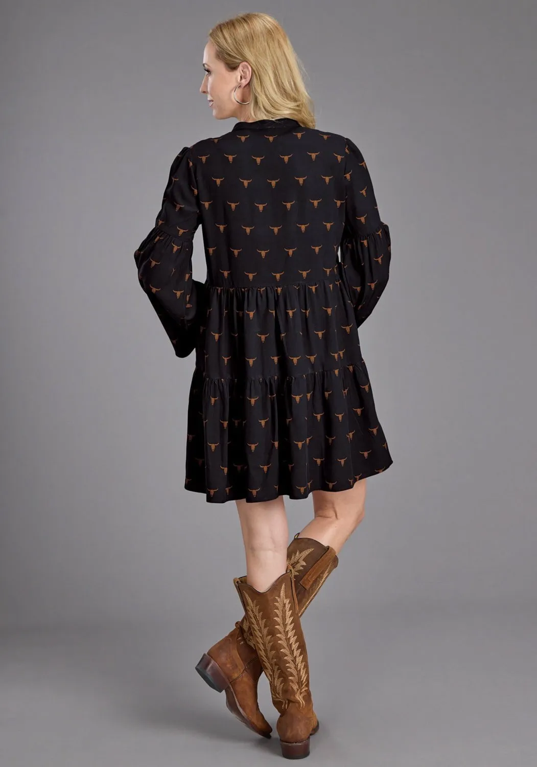 Stetson Womens Longhorn Mojave Print Black 100% Rayon L/S Dress Picnic Style Creative Look Minimalist Style