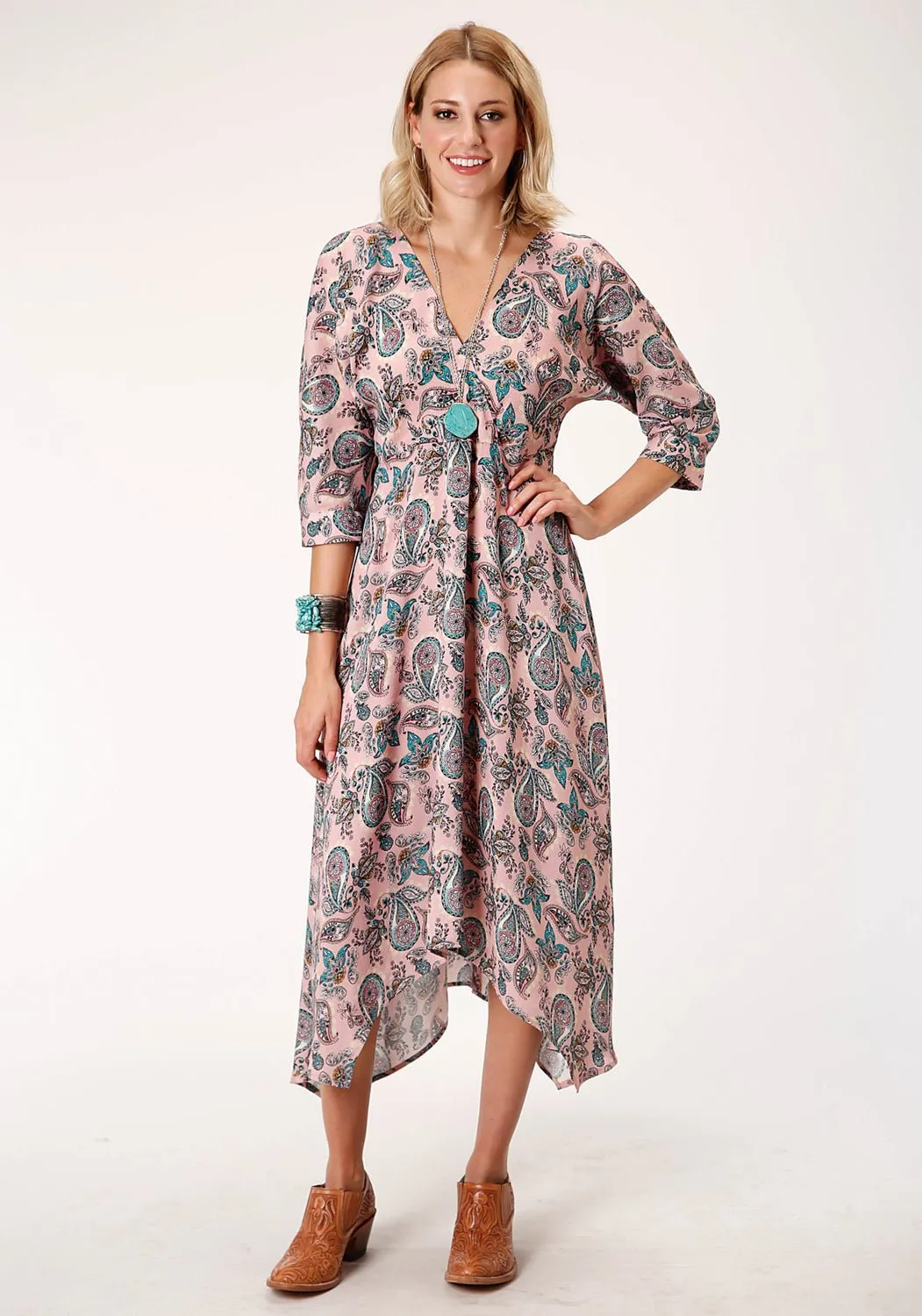 Roper Womens Pink Rayon/Nylon Prairie Paisley S/S Dress City Walk Smooth Any Occasion