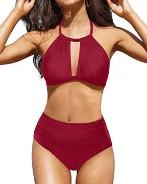 Flattering High Waist 2 Piece High Waisted Bikini Swimsuit-Red
