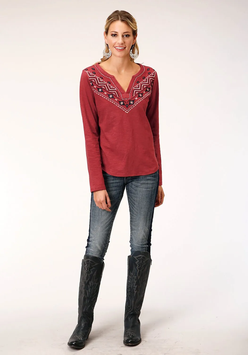 Roper Womens Bandana V-Notch Rust 100% Cotton L/S Tunic Structured Collar