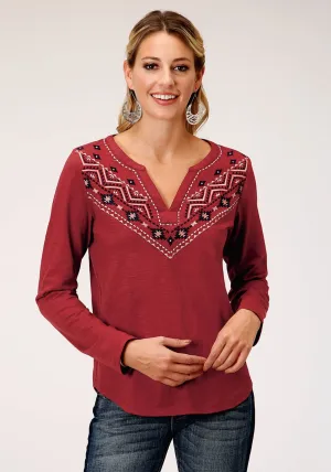 Flex Core Yarn Engineering Roper Womens Bandana V-Notch Rust 100% Cotton L/S Tunic Roper Womens Bandana V-Notch Rust 100% Cotton L/S Tunic Layering Piece Printed design