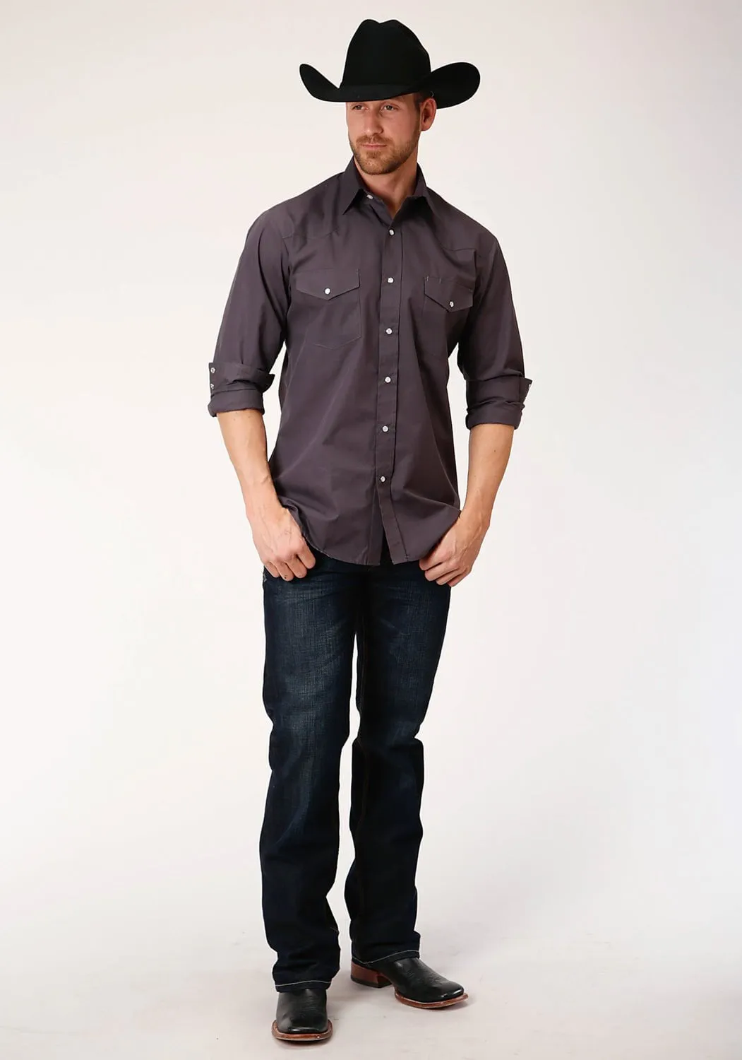 Sweat-Absorbing Roper Mens Grey Cotton Blend Slubby Tone L/S Tall Shirt