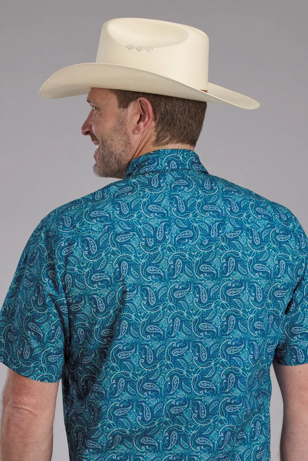 Festival Fashion Multipurpose Utility Roper Mens Denim Paisley Print Blue 100% Cotton S/S Shirt