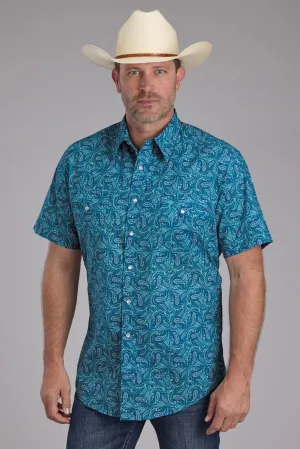Flexible Cuff Closure Roper Mens Denim Paisley Print Blue 100% Cotton S/S Shirt Roper Mens Denim Paisley Print Blue 100% Cotton S/S Shirt Year-Round Wear