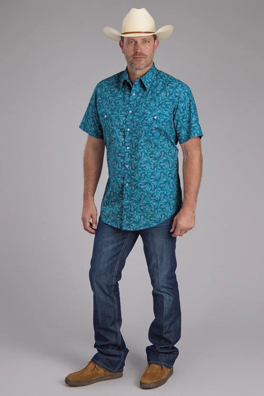 Double Needle Hemming Roper Mens Denim Paisley Print Blue 100% Cotton S/S Shirt