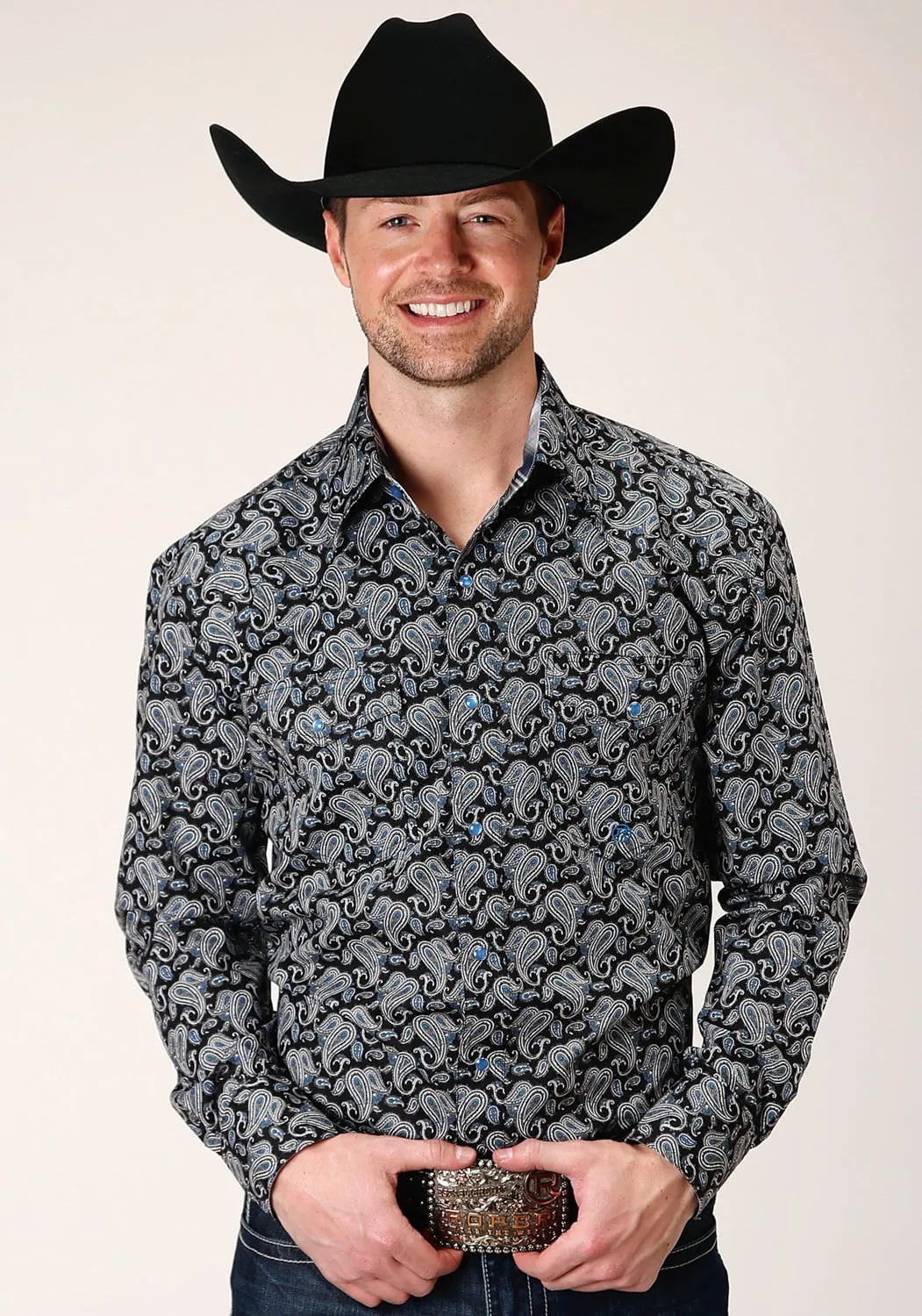 All-Season Wear Roper Mens Black 100% Cotton Starry Night Paisley L/S Shirt