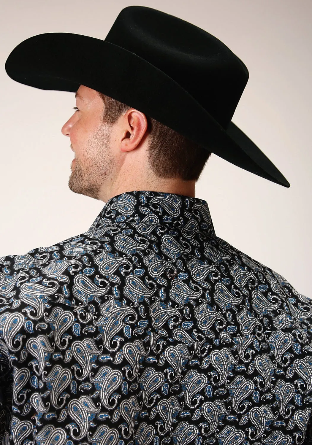 Seamless Shoulder Roper Mens Black 100% Cotton Starry Night Paisley L/S Shirt