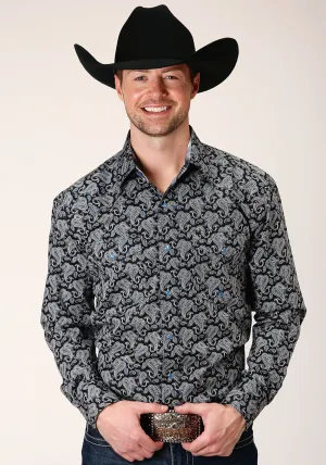 Flexible Fit Roper Mens Black 100% Cotton Starry Night Paisley L/S Shirt All-Season Wear Roper Mens Black 100% Cotton Starry Night Paisley L/S Shirt
