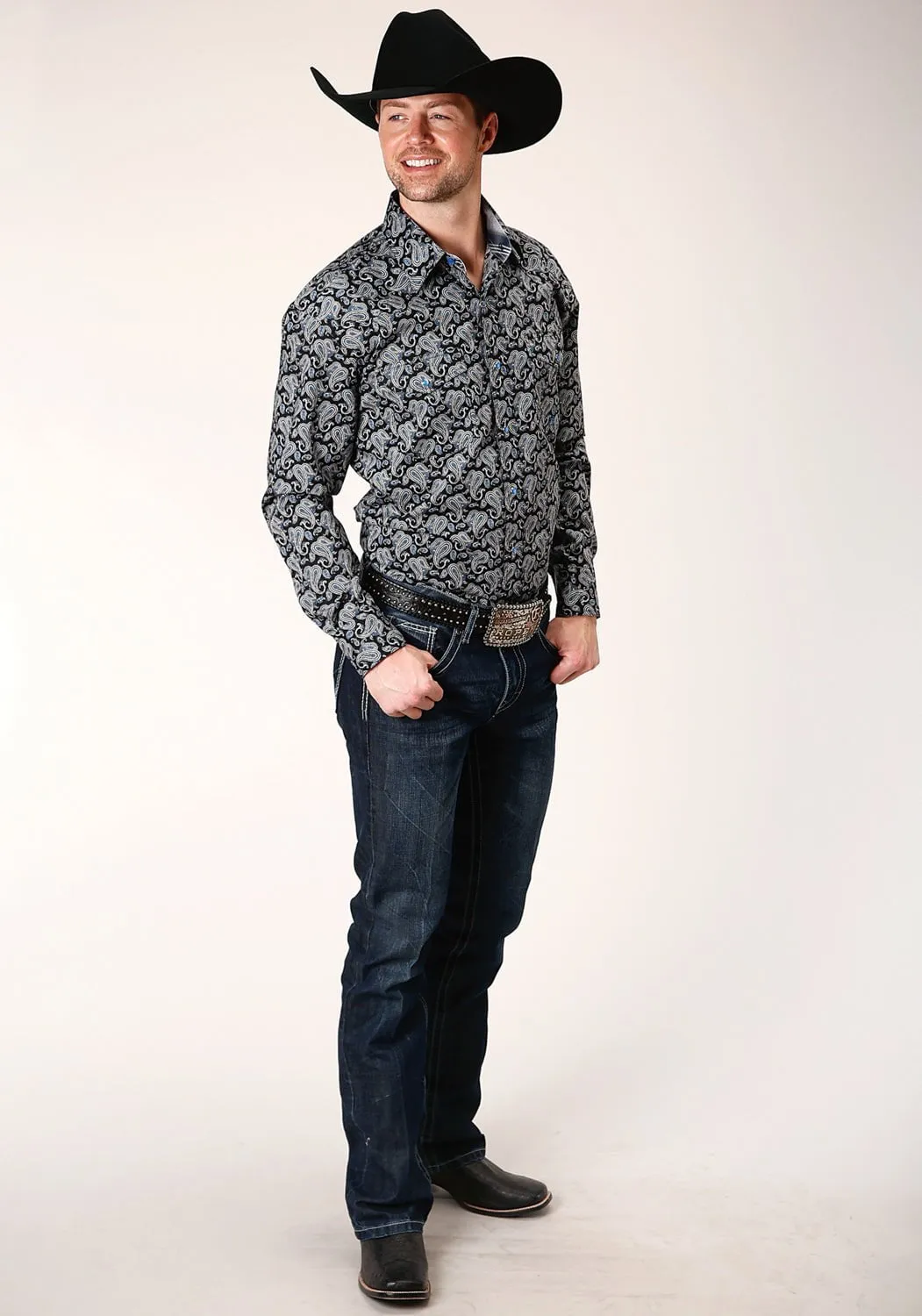 Roper Mens Black 100% Cotton Starry Night Paisley L/S Shirt Multi Pocket Utility