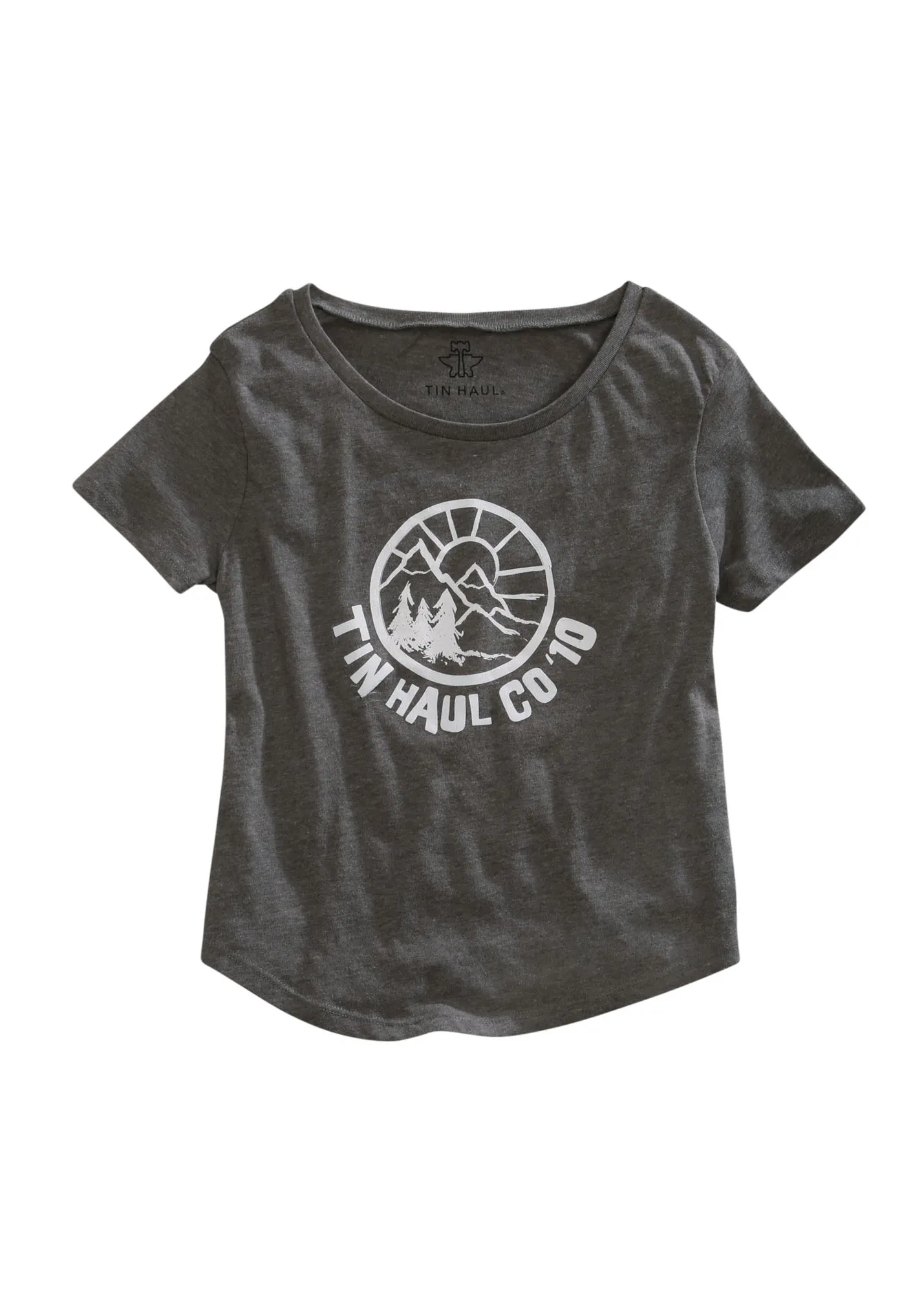 Multi Layer Stitching Tin Haul Womens Circle Mountain Scene Grey 100% Cotton S/S T-Shirt