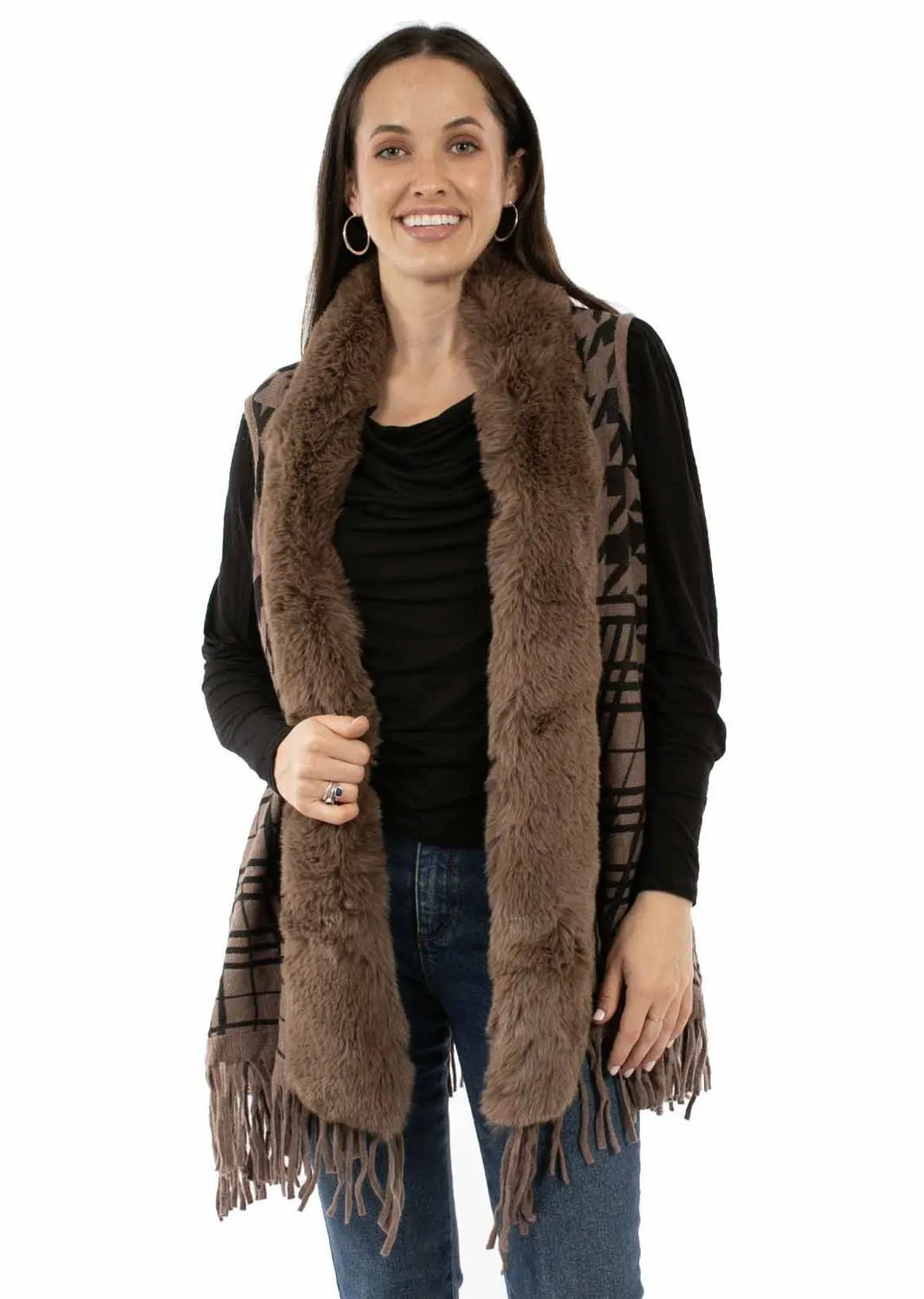 Scully Womens Houndstooth Trim Brown 100% Acrylic Cardigan Sweater Earthy Rainy Day City Walk All Fit Design